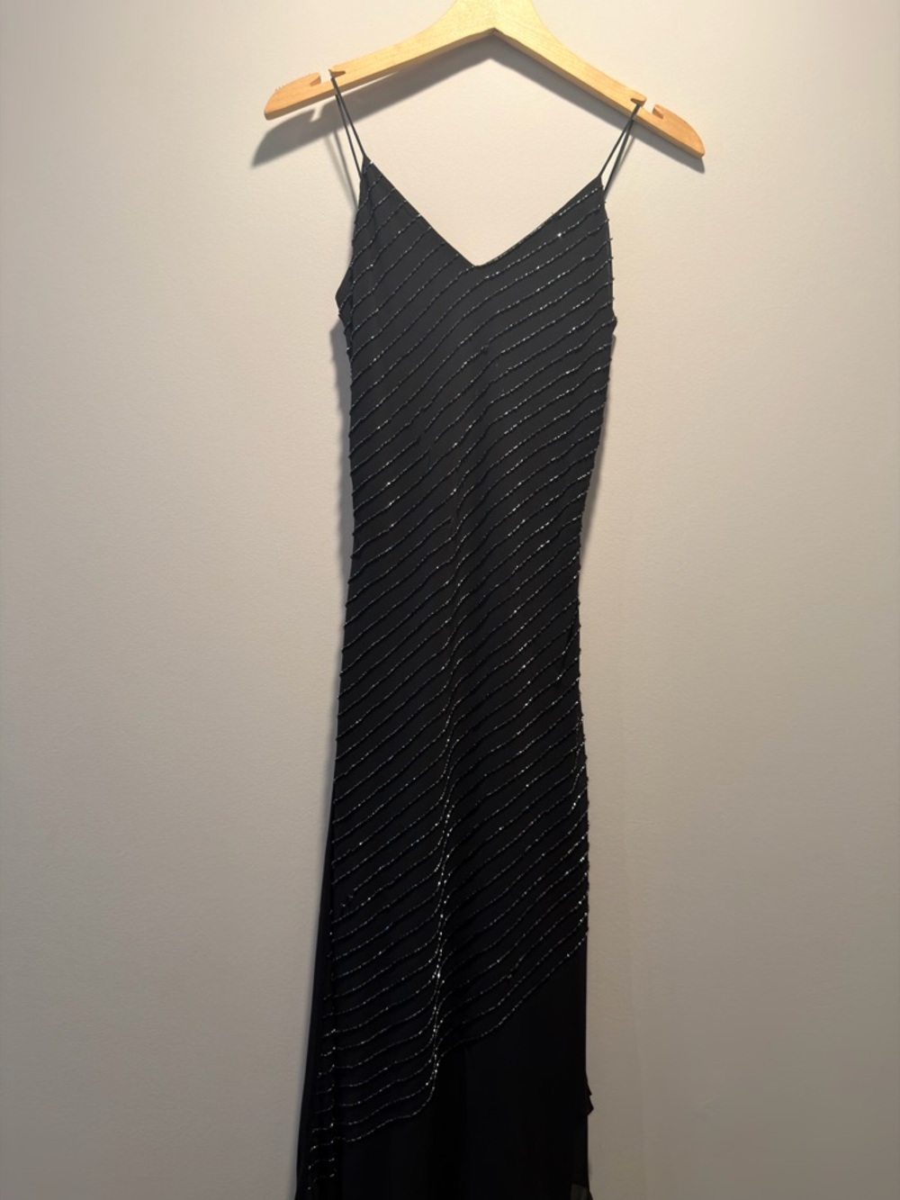 Beaded Black Maxi Slip Dress with V-Neck